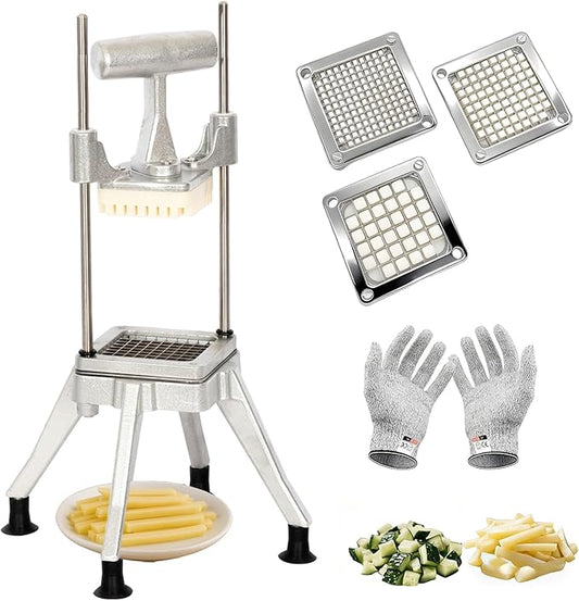 CTJ Commercial Vegetable Chopper & French Fry Cutter with (1/4" 3/8" 1/2") Replacement Blades Stainless Steel Veggie - Home Kitchen or Restaurant Use for Tomato Peppers Potato