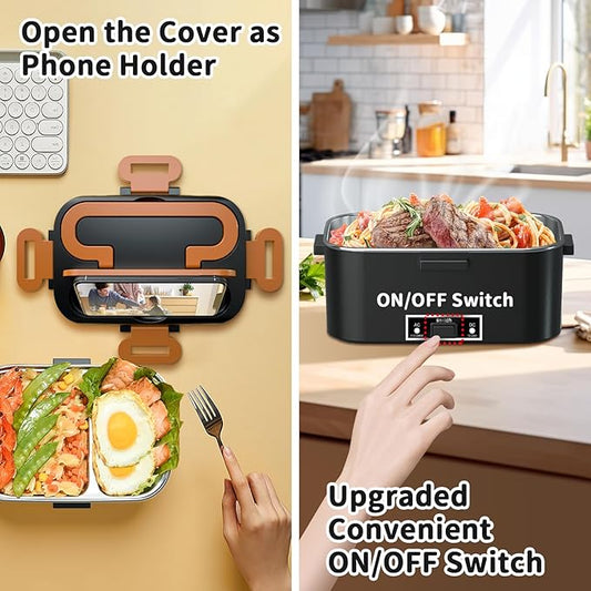 Electric Heated Lunch Box for Adults, 100W 3-IN-1 2 Pack 1.8L Containers Heating Lunch Box for Men Portable Double Layer, Fast Heated Food Warmer,12V/24V/110V for Car Truck Office Home