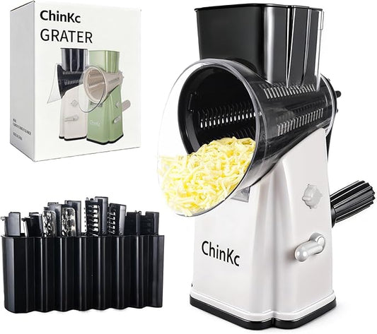 Upgrade Rotary Cheese Grater Shredder with Handle, Strong Suction Base, Multi-purpose Rotary Grater Slicer with 5 Interchangeable Blades for Ice, Vegetables, Fruit, Nuts with Blade Storage Box