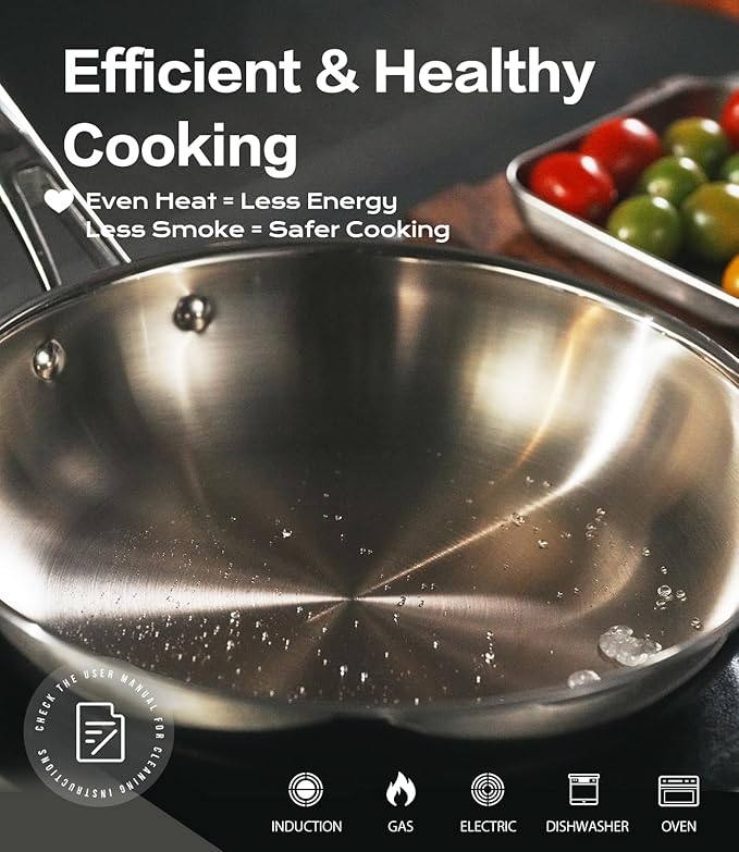 12 Inch Stainless Steel Pan, 5-Ply Clad Base 800℉ Safe Stainless Steel Frying Pan for Even Heating, Premium Cookware for Induction, Gas, Electric&Oven