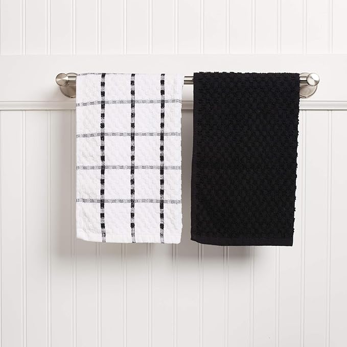 Kitchen Towels - Dish Towels and Dish Cloths - Hand Towel and Dishcloths Sets - 100% Soft Ring Spun Combed Cotton - Great for Cooking in Kitchen or Household Cleaning - Size 15" x 25" (Black, 24)