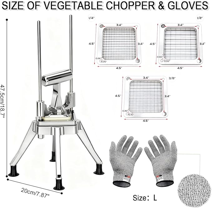 CTJ Commercial Vegetable Chopper & French Fry Cutter with (1/4" 3/8" 1/2") Replacement Blades Stainless Steel Veggie - Home Kitchen or Restaurant Use for Tomato Peppers Potato