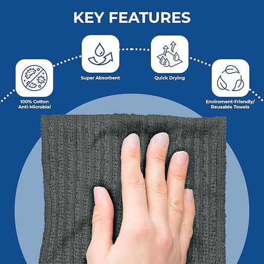 DAN RIVER Kitchen Bar Mops,Pack of 12,16 by 19 Inches,100% Cotton Super Absorbent,Multi-Purpose Cleaning Towels for Home and Kitchen Bars-Grey