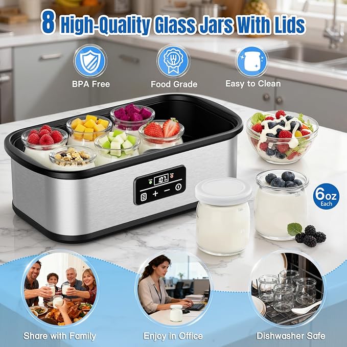 Yogurt Maker with Adjustable 48H Time & Temp Control, Digital Yogurt Maker Machine with 8×6oz Glass Jars, Make Healthy Yogurt for Family, Pecfcet Gifts for Friends