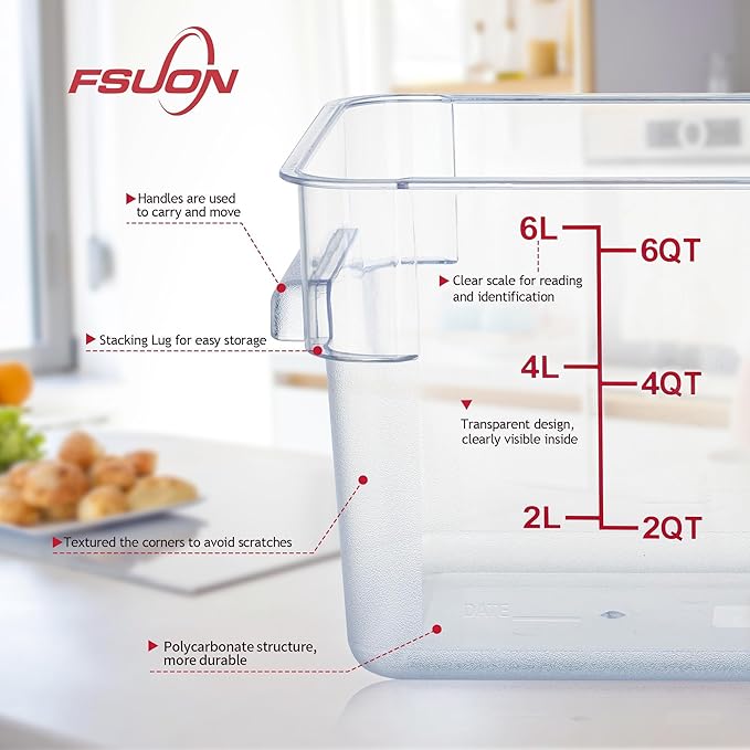 FSUON 4 Pack Clear Food Storage Containers with Lids and Handles Polycarbonate Square Commercial Food Containers, NSF (6Qt)