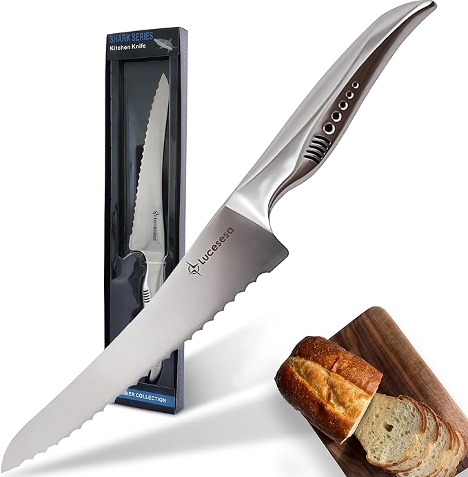 8" Bread Knife, Multifunction Serrated Bread Knife Ultra Sharp Offset, Steel Handle Shark-Inspired Ergonomic Stainless for Homemade Bread, Bagels, Sourdough, Baking & Wedding Gifts