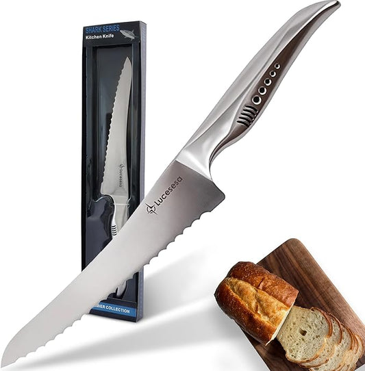 8" Bread Knife, Multifunction Serrated Bread Knife Ultra Sharp Offset, Steel Handle Shark-Inspired Ergonomic Stainless for Homemade Bread, Bagels, Sourdough, Baking & Wedding Gifts