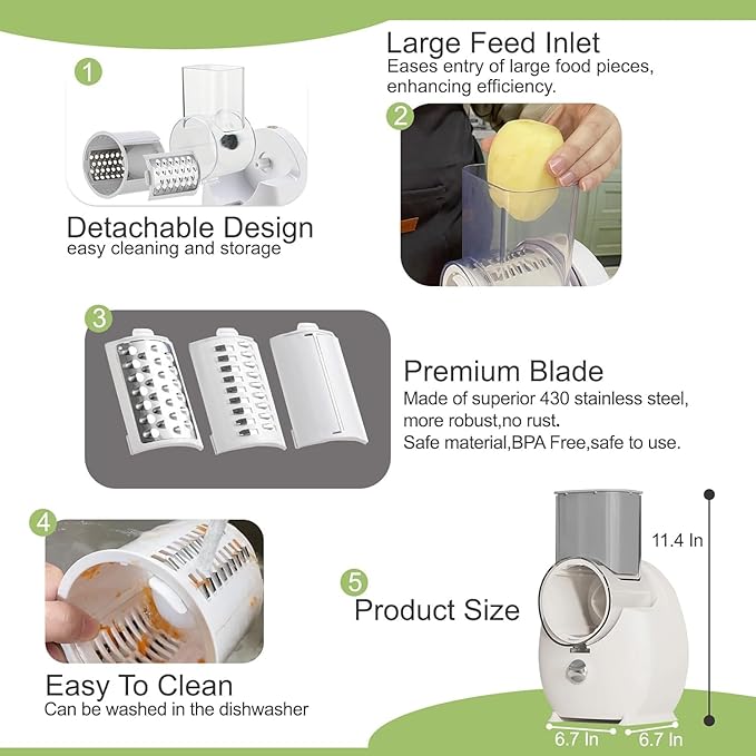 Electric Cheese Grater,3 In 1 Electric Grater For Home Kitchen,One-Touch Easy Control Salad Shooter Cheese Grater For Block Cheese Vegetable Cucumber Nuts(Milky-White)