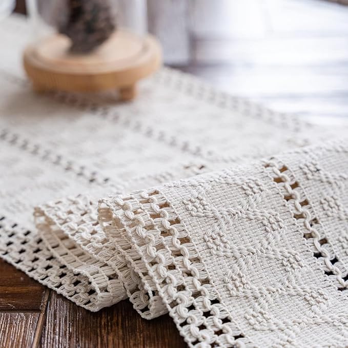 Alynsehom Macrame Table Runner Cream Beige Boho Table Runners with Tassels Hand Woven Cotton Table Runner Rustic Farmhouse Table Runners for Bohemian Kitchen Dining Table(12x48in)
