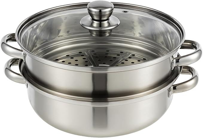 2-Tier Stainless Steel Steamer Pot with Lid, Multipurpose Steam Pots for Cooking, Vegetable & Dumpling Steamer Set with Durable Handles and Glass Lid for Fish, Meat, and Seafood (Silver 2)