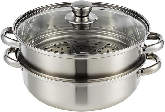 2-Tier Stainless Steel Steamer Pot with Lid, Multipurpose Steam Pots for Cooking, Vegetable & Dumpling Steamer Set with Durable Handles and Glass Lid for Fish, Meat, and Seafood (Silver 2)