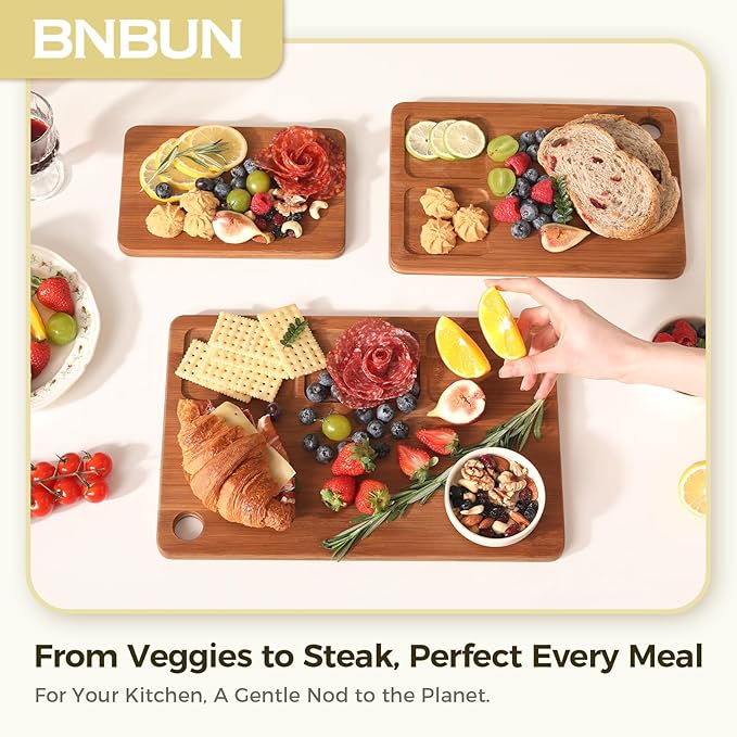 Bamboo Cutting Board for Kitchen Meal Prep & Serving, 3-Piece Wooden Set with Juice Grooves, Side Handles, Non-Slip Mats – Ideal for Meat, Veggies, Fruit – Ideal Gift for the Home (S+M+XL）