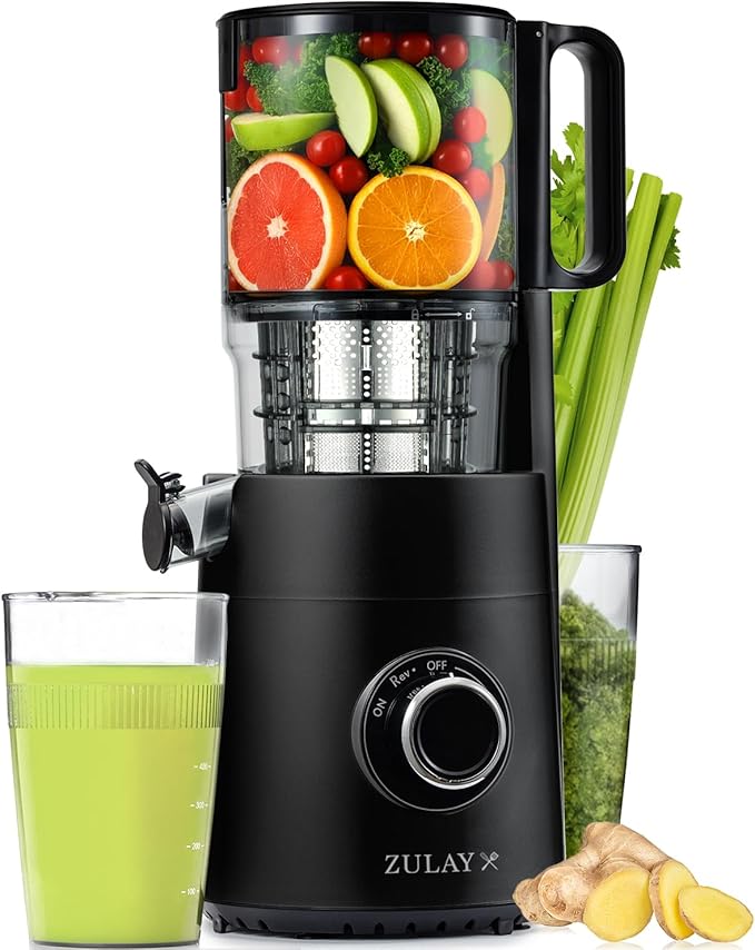 Zulay Kitchen Cold Press Juicer Machine with 5" Wide Feed Chute, Slow Masticating Juicer for Whole Fruits & Vegetables, Easy to Clean, Stainless Steel Blades, High Juice Yield - Black