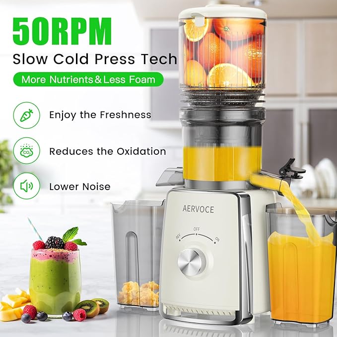 AERVOCE Cold Press Juicer Machines - Masticating Juicer Machines With 5.3'' Large Feed Chute,300W High Juice Yield,800ml Two Cups, Slow Juicers Extractor Easy To Clean