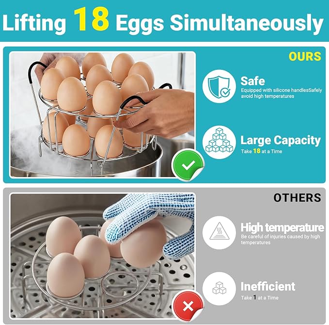 Stackable Egg Steamer Rack Compatible with Instant Pot 6qt & 8qt - 304 Stainless Steel Trivet with Heat-Resistant Handles, Holds 18 Eggs for Pressure Cooker & Pot, Multi-functional Cooling Rack