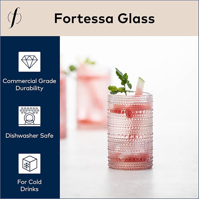 Fortessa Jupiter Beaded Hobnail Glass, 13 Ounce Iced Beverage (Set of 6), Pink