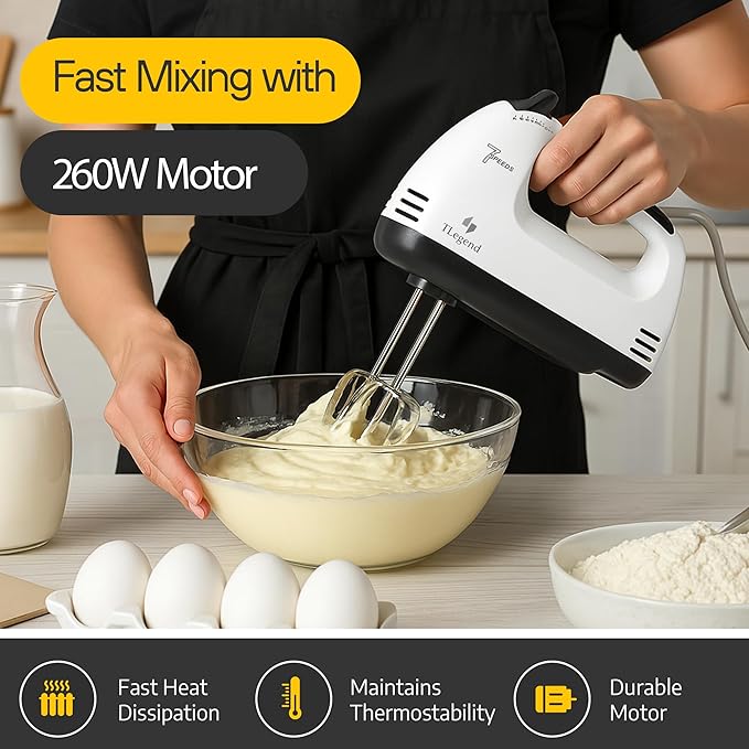 TechnoLegend Hand Mixer Electric Handheld – 7 Speed Ultra Power Electric Mixer Handheld (White-Black)