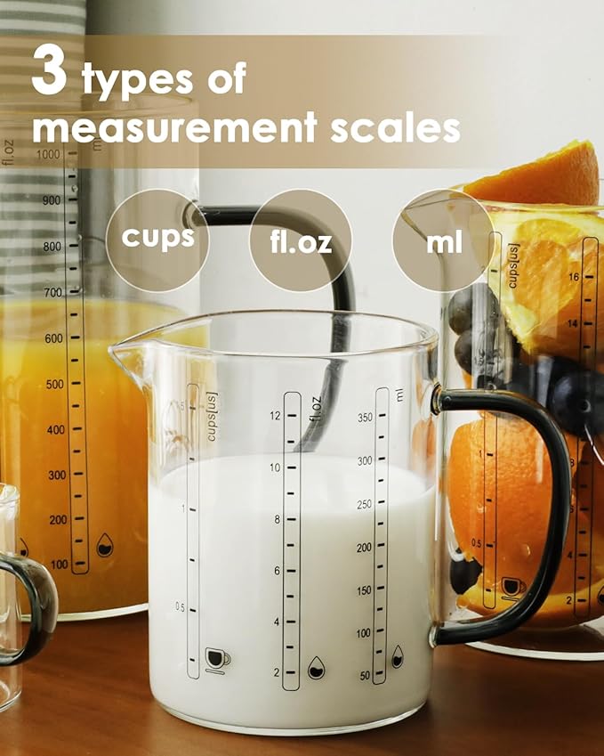 LIBWYS Glass Measuring Cup Set of 5, 1000ml (32oz), 500ml (16oz), 350ml (12oz), 2x75ml (2.5oz) with Anti-slip Silicone Pad, Heat-resistant Borosilicate Glass Liquid Measuring Cup