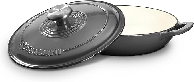 ROSSALLINI Signature Enameled Cast Iron Braiser, Non-Stick Serving Pot with Tight Fitting Lid for Perfect Roasting, Baking, Sauteing, Searing, and Pan Frying | 2.25Q (2.1L) - Oyster Grey