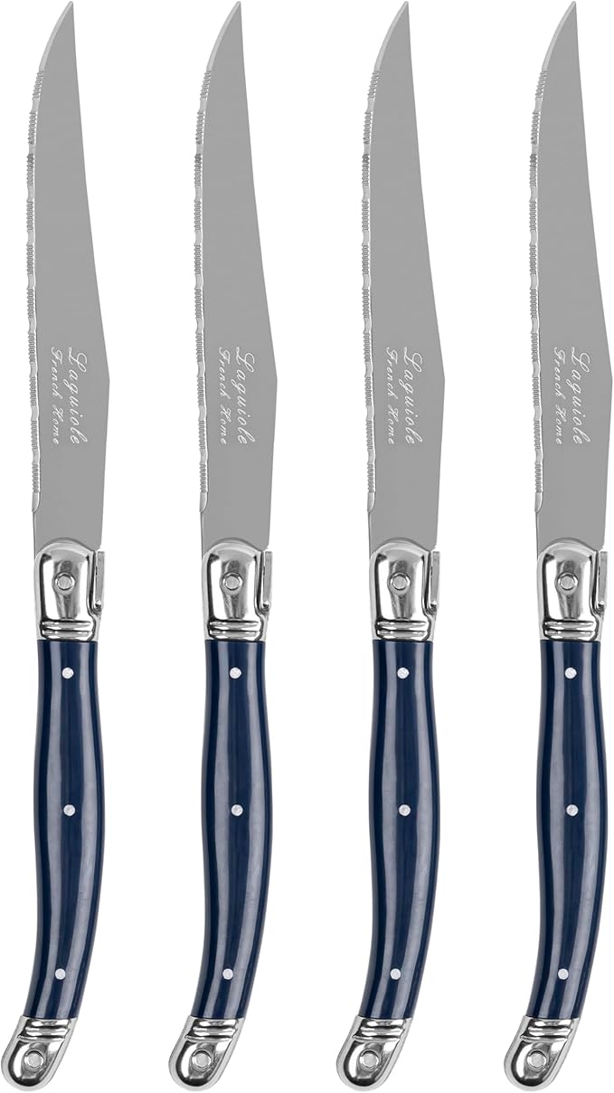 French Home Laguiole Connoisseur 4-Piece Steak Knife Set – Stainless Steel with Navy Blue Handles, Etched Detailing & Napoleon Bee Emblem – Serrated Knives for Smooth Cutting (9.25")