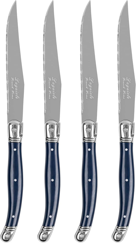 French Home Laguiole Connoisseur 4-Piece Steak Knife Set – Stainless Steel with Navy Blue Handles, Etched Detailing & Napoleon Bee Emblem – Serrated Knives for Smooth Cutting (9.25")