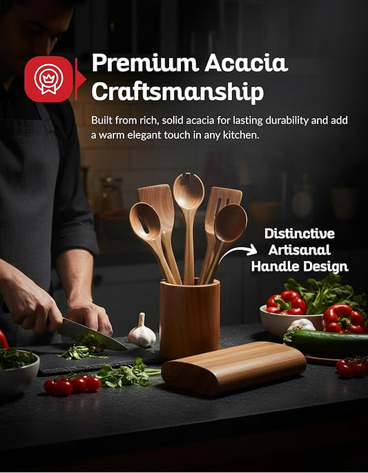 Acacia Utensil Set of 5 with Holder – Premium Wooden Cooking Utensils, Eco Friendly Acacia Wood Spatula & Spoon Set, Nonstick Safe Kitchen Tools