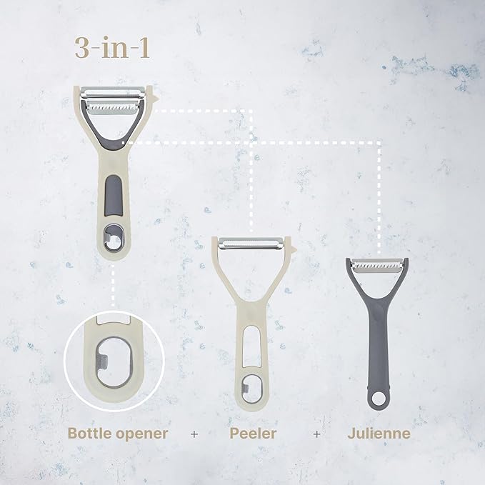 Vegetable Peeler 3-Piece Set – Swivel Cutter, Y-Shaped Slicer, and Julienne Peeler with Bottle Opener and Built-in Eye Remover – Stainless Steel Blade with Comfortable Handle for Kitchen – Cream
