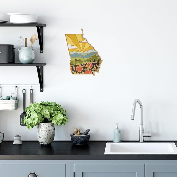 Totally Bamboo Georgia State Shaped Cutting Board and Charcuterie Serving Platter with Artwork by Summer Stokes, Includes Hang Tie for Wall Display 11-3/4" x 13-1/4" x 5/8"