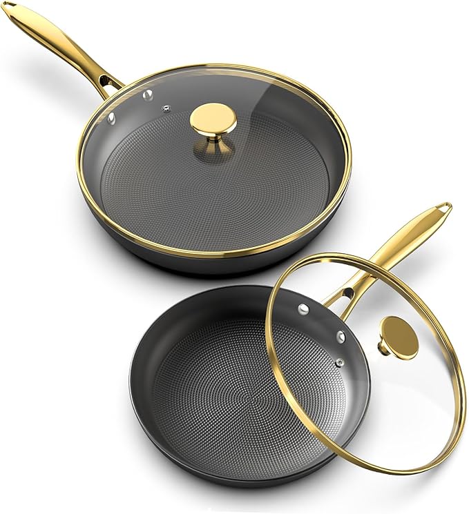 imarku 2Pcs Non Stick Frying Pans with Lids, 10 and 12 Inch Nonstick Cast Iron Skillets, Honeycomb Cookware Set Oven Safe and Induction Avalible