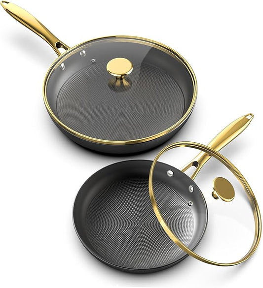 imarku 2Pcs Non Stick Frying Pans with Lids, 10 and 12 Inch Nonstick Cast Iron Skillets, Honeycomb Cookware Set Oven Safe and Induction Avalible