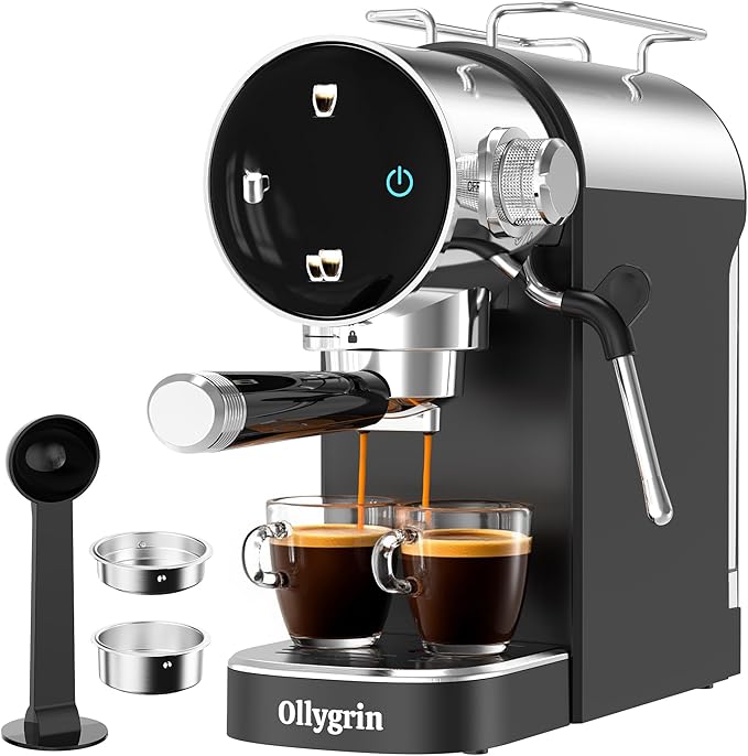 Ollygrin 20 Bar Espresso Machine, Adjustable Espresso Machine with Milk Frother, Compact Espresso Maker with Touch Panel, Removable Water Tank & Drip Tray, Cup Warmer, Pre-Infusion for Rich Crema