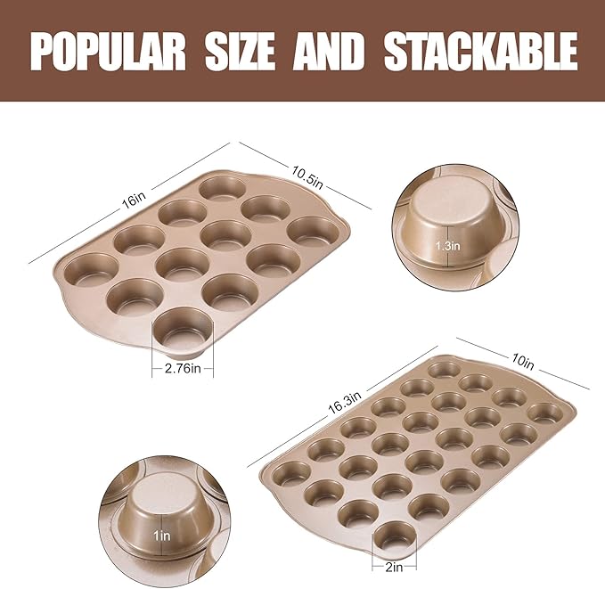 JOHO BAKING Nonstick Muffin & Cupcake Pan Set (2 Pack) - 12 Cup Regular + 24 Cup Mini Muffin Tins | Heavy Duty Gold Carbon Steel, Rust-Resistant, Easy Release