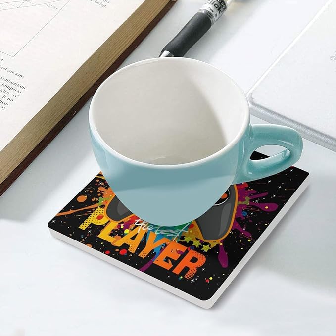 Gamer Drink Coasters, Square Ceramic Drink Coaster Square-4PCS, Kids Cool Gamepad Colorful Game Controller Gaming Gamer Decor Absorbent Ceramic Coasters for Beverage Cup, Bar, Coffee Table