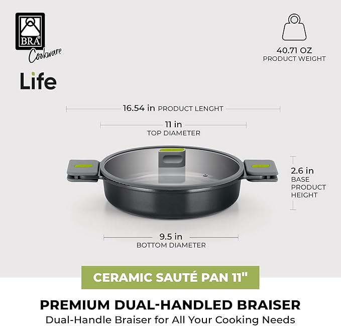 BRA COOKWARE Life Ceramic Nonstick Sauté Pan w/Glass Lid | 11 Inch 2.9 Quart Recycled Aluminum Deep Pan | Dual-Handle Braiser | Ceramic Non-Stick Coating | PFOA Free | All Cooktops & Oven Safe