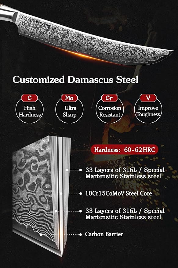 HEZHEN Slicing Knife 10 inch - Granton Carving Knives Hollow Ground Meat Knife Kitchen Long Slicer & Carver - Figured Sycamore Wood Handle - Gift Box Included - Master Series