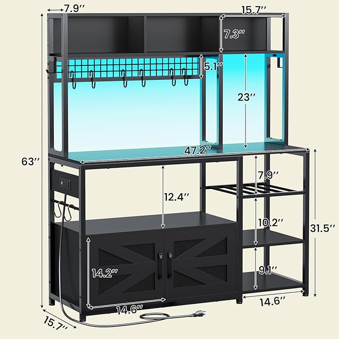 Itaar 47.2 Inch Bakers Rack with Power Outlet, Microwave Stand with Storage, Farmhouse Coffee Bar Cabinet Station with Wine Rack, Iron Mesh and 8-S Hooks (Black)