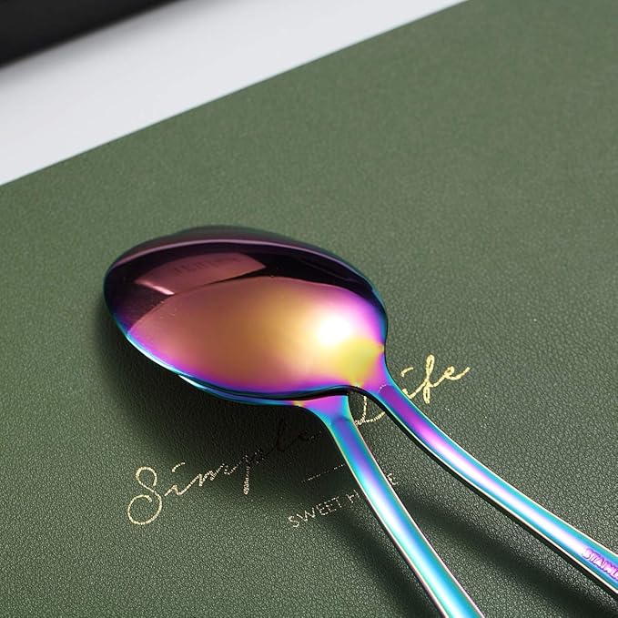 Rainbow Dinner Spoons, Kyraton 6 Pieces 7.5" Stainless Steel Table Spoon With Titanium Colorful Plating, Rainbow Soup Spoons, Dessert Spoons Sliverware Dishwasher Safe Set of 6