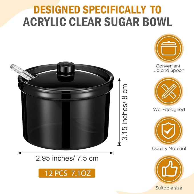 Tioncy 12 Pcs Hot Cocoa Bar Supplies Sugar Bowls with Lid and Spoon Party Bar Ice Cream Sundae Caramel Apple Dipping Container Christmas Acrylic Candy Dispenser with Tag (7.1 oz,Transparent Black)