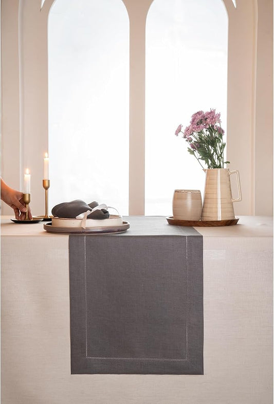 D'Moksha Homes Linen Charcoal Grey Table Runner 36 Inches - 100% Pure Linen Small Table Runner 14 x 36 Inch Ideal for Dresser, Coffee Tables, Spring, Easter - Classic Hemstitch