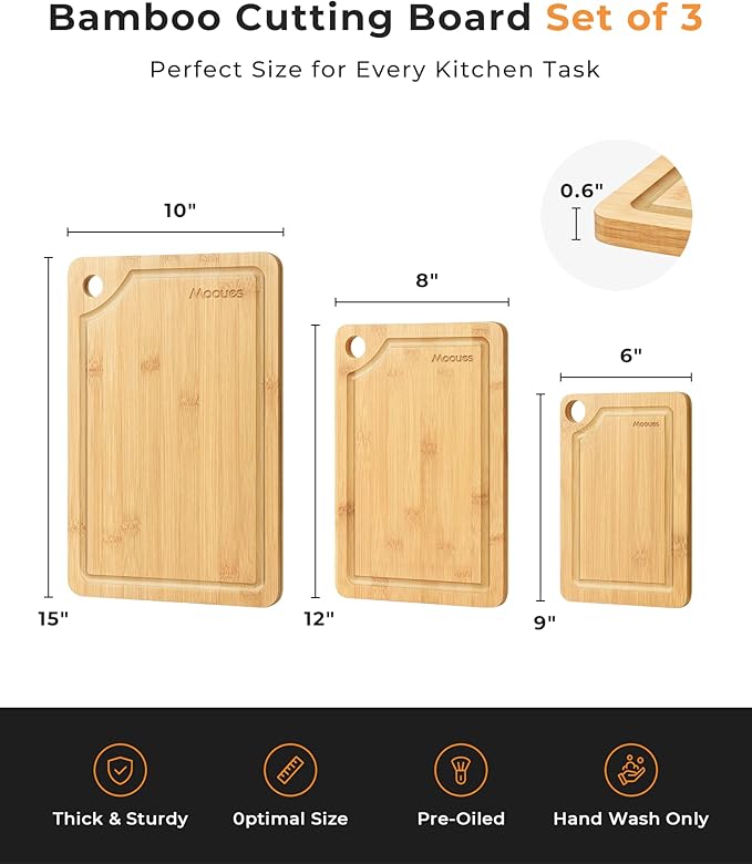 Bamboo Cutting Board for Kitchen, Knife-Friendly Wooden Cutting Boards Set 3-Piece with Juice Groove, Durable Chopping Boards for Meat, Vegetables, Fruits, Cheese(Natural)