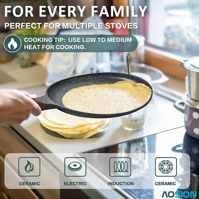 AOSION Crepe Pan 11 inch Nonstick Dosa Tawa Pan, Ceramic crepe pan,Tortilla Pan for Pancake Omelette Steak Frying Egg with Ergonmic Handle,For All Stoves