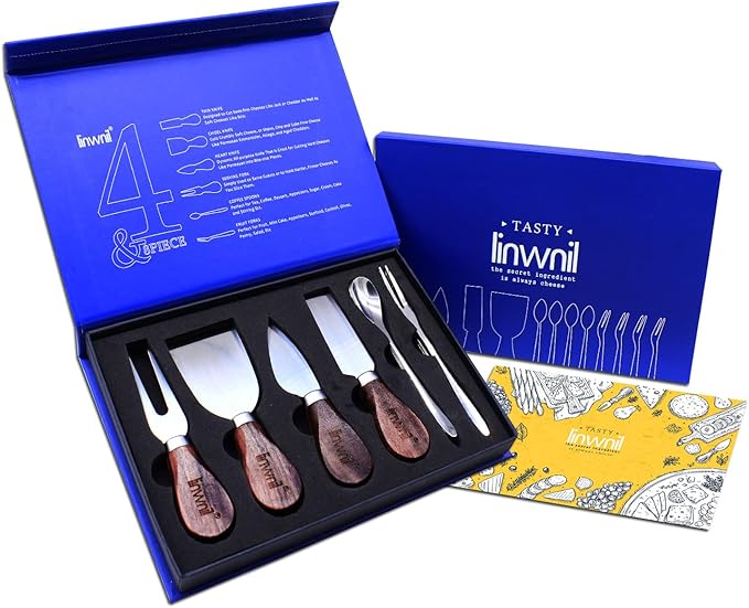 4-Piece Set of Stainless Steel Cheese Knives with Wood Hand, Including Cheese Slicer and Cheese Cutters, Essential Cheese Tools for the Kitchen (Walnut/Gift Box, Silver)