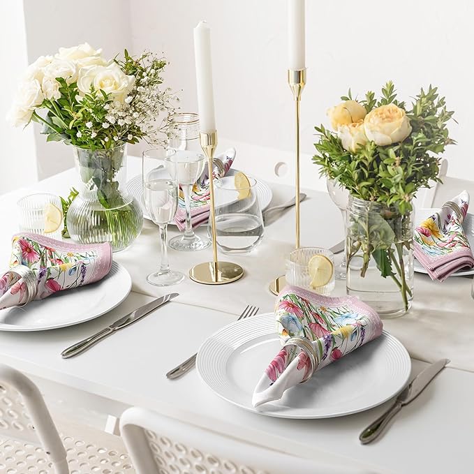 Wildflower Napkins, 18×18 Inch Butterfly Dinner Cloth Napkins Set of 6, Washable Cotton Soft Absorbent Square Napkins for Dining Kitchen Party Wedding Decoration