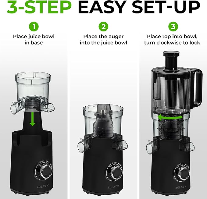 Zulay Kitchen Cold Press Juicer Machine with 5" Wide Feed Chute, Slow Masticating Juicer for Whole Fruits & Vegetables, Easy to Clean, Stainless Steel Blades, High Juice Yield - Black
