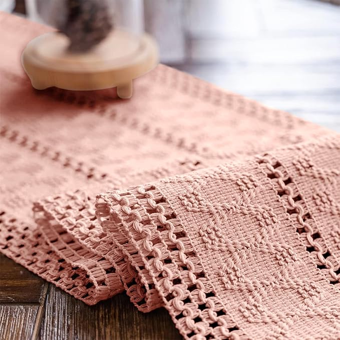 Alynsehom Macrame Table Runner Pure Pink Boho Table Runners with Tassels Hand Woven Cotton Table Runner Rustic Farmhouse Table Runners for Bohemian Kitchen Dining Table(12x48in)