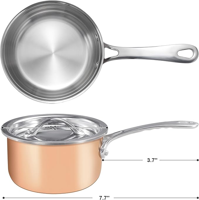 KC-Emier Mini Sauce Pan with Lid, Tri-Ply Stainless Steel Pot with Stay-Cool Handle & All Cooktop Compatibility (Gas, Ceramic, Electric) - Copper