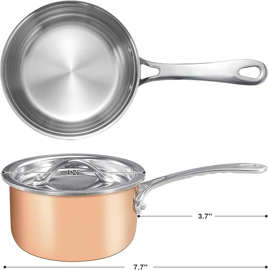 KC-Emier Mini Sauce Pan with Lid, Tri-Ply Stainless Steel Pot with Stay-Cool Handle & All Cooktop Compatibility (Gas, Ceramic, Electric) - Copper