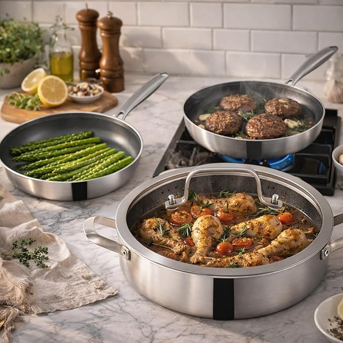 Inqibee 6 QT Hybrid Tri-Ply Stainless Steel Non Stick Sauté Pan with Lid & 8.5-10 Inch Frying Pan, 12 Inch Induction Deep Frying Pan Set, Dishwasher and Oven Safe