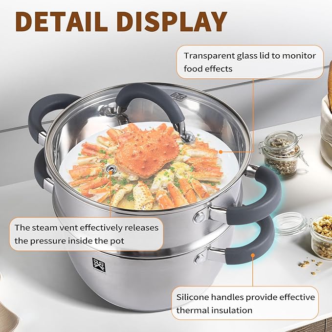 GOLDEN KEY 3.2 QT Steamer for Cooking,Steamer Pots with Vegetable Steam Basket,2-Tier Multipurpose 18/8 Stainless Steel Steaming Pot Cookware for Vegetable,Soup, Food,Dumplings,Oven & Dishwasher Safe