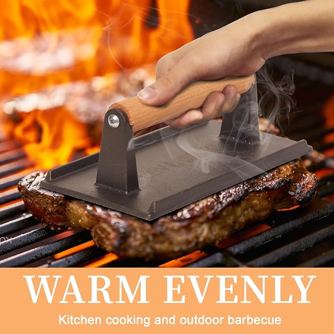 2.2 lb Heavy Duty Cast Iron Grill Press, 7.8X3.9 inch Rectangle Bottom Granular Burger Press with Wood Handle for Blackstone, Chef, Camp, Panini, Vegetable, Bacon, Sandwich, BBQ